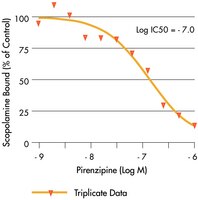 Radioligand binding displacement binding assays were performed with a constant radiolabeled scopolamine concentration (0.6 nM) and serial dilutions of unlabelled pirenzipine as compared to a control binding experiment without unlabelled pirenzipine (% of Control). Left: Displacement binding done with 4.38 µg receptor preparation in 100 µL using MutliScreen<sub>HTS</sub> 384-well filter plate. Results presented are from three separate experiments each performed in triplicate wells. Right: Displacement binding done with 8.75 µg receptor preparation in 200 µL using MutliScreen 96-well filter plate. Relative affinity values (IC50) were determined by fitting displacement binding inhibition values by non-linear regression using Prism™ data software. All data points are the average of triplicate experiments. Filter plates were dried prior to the addition of Supermix™ (10 µL in 384-well plates and 50 µL in 96-well plates). Counting was done in a MicroBeta® Trilux. NOTE: All counting is done with underdrain on for both 96- and 384-well plates.